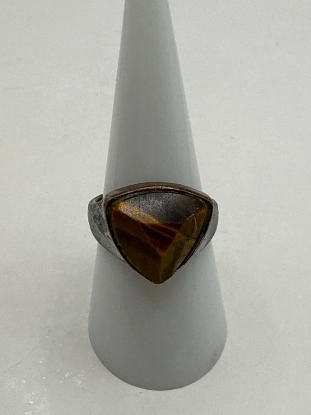 Vintage Silver Tone Trillion Tigers Eye Ring Rustic Statement Boho